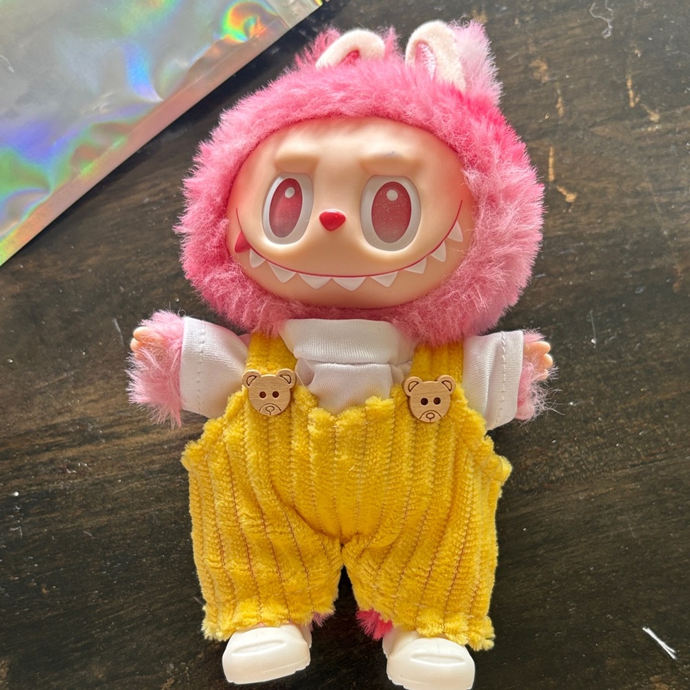 Pink Plush Monster Doll with Yellow Overalls - Kids Toy-outfit and shoes only